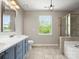 Bathroom featuring double sink vanity, tiled flooring, a shower, a tub, and a window at 3002 Fair Meadows Dr, Monroe, NC 28110