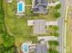 Aerial view showing a backyard with a sparkling pool and well-maintained landscaping at 9303 Raven Top Dr, Mint Hill, NC 28227