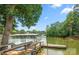 Picturesque view of the lake featuring a pier, boat dock, and lush trees at 194 Riverview Ter, Clover, SC 29710
