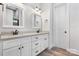 Bathroom featuring double sink vanity with light countertop, modern lighting, and dark hardware at 2045 Cordia Cir, Newton, NC 28658