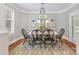 Bright dining room featuring hardwood floors, gray walls, and a stylish chandelier over a table with six chairs at 3201 Oak Brook Dr, Waxhaw, NC 28173