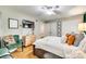 Bright bedroom featuring hardwood floors, a cozy bed, and elegant furnishings for comfortable living at 4607 Hedgemore Dr # H, Charlotte, NC 28209