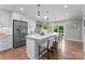 Beautiful kitchen featuring a large center island with seating, stainless steel appliances, and hardwood floors at 4931 Pine Ridge Rd, Charlotte, NC 28226
