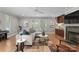 Cozy living room with comfortable seating, a fireplace, and natural light from the windows at 4931 Pine Ridge Rd, Charlotte, NC 28226