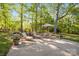 Backyard patio offers an inviting space for outdoor living with its lounge chairs and dining area set amongst the trees at 7815 Scottsburg Ct, Mint Hill, NC 28227