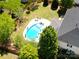 Stunning aerial view of the pool, patio, and lush green backyard perfect for outdoor entertaining at 8014 Avanti Dr, Marvin, NC 28173