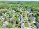 Aerial view of homes in a lush, green neighborhood featuring mature trees and some with backyard pools at 111 Woodfern Pl, Mooresville, NC 28115