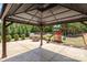 Covered outdoor living space, a stone fire pit, a playset, and lush greenery at 1176 Shiloh Bend Trl, Fort Mill, SC 29715