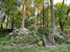 Scenic backyard with mature trees, flowering shrubs, and a charming wooden bridge at 121 General Pemberton St, Stanley, NC 28164