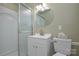 Bathroom featuring a glass-enclosed shower, toilet, and a modern vanity sink at 1222 Glenarden Dr, Rock Hill, SC 29730