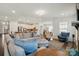 Open concept living room with hardwood floors, comfortable seating, and views of the kitchen at 12512 Journeys End Trl, Huntersville, NC 28078