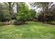 Lush backyard featuring manicured lawn, vibrant azaleas, mature trees, and serene green space at 1943 S Wendover Rd, Charlotte, NC 28211