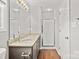 Large bathroom featuring granite countertops, vanity, glass shower and neutral walls at 6135 Raisin Tree Ln, Charlotte, NC 28215