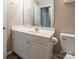 Well-lit bathroom featuring a white vanity, large mirror, and standard toilet at 6622 Cedar Cliff Dr, Charlotte, NC 28216