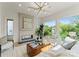 Living room with a sleek fireplace, large windows, and natural light overlooking green backyard at 721 Charles Ave, Charlotte, NC 28205