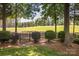 Scenic backyard with lush landscaping, mature trees and clear views of the open golf course at 17040 Jetton Rd, Cornelius, NC 28031