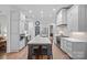 Modern kitchen with white cabinetry, large island with seating, stainless steel appliances, and hardwood floors at 17040 Jetton Rd, Cornelius, NC 28031