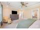 Bright main bedroom featuring tray ceilings, a ceiling fan, and ensuite bathroom access at 1713 Mt Isle Harbor Dr, Charlotte, NC 28214