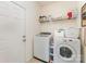Functional laundry room featuring a modern washer and dryer, shelving, and convenient access to the outside at 4861 Samuel Pinckney Dr, Belmont, NC 28012