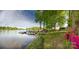 Expansive lake view showcasing a dock, seating area, and the home's well-maintained landscaping at 7851 Green Cove Ct, Denver, NC 28037