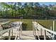 Dock featuring side-by-side boat slips, patio furniture and clear lake access at 8086 Summit Ridge Dr, Catawba, NC 28609