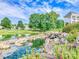 A peaceful community pond with natural rock features, a waterfall, and beautiful landscaping at 8708 Soaring Eagle Ln, Waxhaw, NC 28173
