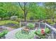 Beautifully landscaped backyard featuring a deck with seating, a stone patio and privacy fence at 9517 Harris Glen Dr, Charlotte, NC 28269