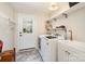 Well-lit laundry room with new washer and dryer, utility sink, shelving, and an exterior door at 1043 Nancy Dr, Charlotte, NC 28211