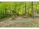 Charming backyard with a fire pit, Adirondack chairs, a swing, and a wooded backdrop at 110 River Wood Dr, Fort Mill, SC 29715