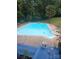 A backyard pool with an inground pool vacuum sits next to a blue wooden deck at 124 Neumann Run, Belmont, NC 28012