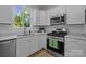 This kitchen offers stainless steel appliances, a view outside, white cabinets, and granite countertops at 15002 Strathmoor Dr, Charlotte, NC 28277