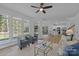 Bright living room with large windows, modern ceiling fan, hardwood floors and stylish furniture at 15002 Strathmoor Dr, Charlotte, NC 28277
