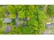 Drone view of neighborhood with mature trees and a blue home with a long driveway at 1913 Garibaldi Ave, Charlotte, NC 28208