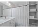 Bright bathroom featuring a white vanity, modern fixtures, and a shower with patterned curtain at 1913 Garibaldi Ave, Charlotte, NC 28208