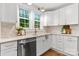 Kitchen featuring marble counters, stainless steel dishwasher, white cabinets, and hardwood floors at 625 4Th Street Nw Dr, Hickory, NC 28601
