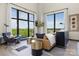 Inviting living room with large windows and a view, furnished with a leather couch and modern side tables at 715 N Church St # 816, Charlotte, NC 28202