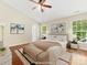 Comfortable main bedroom includes a ceiling fan, hardwood floors, and decorative artwork at 3022 Willamette Valley Dr, Charlotte, NC 28215
