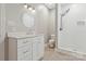 Bathroom featuring a sleek vanity and a walk-in shower with elegant fixtures at 5538 Camelot Dr, Charlotte, NC 28270