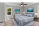 Virtually staged bedroom includes modern wall art and neutral walls, bedding, and floors at 112 Cleveland Ave, Albemarle, NC 28001