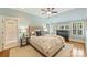 Airy main bedroom with neutral walls, ceiling fan, plantation shutters, and hardwood flooring at 2229 Kenmore Ave, Charlotte, NC 28204