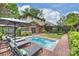 Beautiful backyard with a brick patio, in ground pool, patio furniture, and lush greenery at 2229 Kenmore Ave, Charlotte, NC 28204