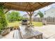 Covered patio with picnic table, grill, and lush landscaping, perfect for outdoor living at 407 Goodloe Dr, Charlotte, NC 28262
