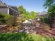 Lush backyard features a fire pit, patio seating and manicured landscaping at 5809 Woodleigh Oaks Dr, Charlotte, NC 28226