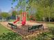 Community playground with slides, swings, and benches, providing a safe and fun environment for children to play at 5809 Woodleigh Oaks Dr, Charlotte, NC 28226