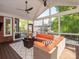 Relaxing screened-in porch featuring comfortable seating and ceiling fans overlooking lush greenery at 5809 Woodleigh Oaks Dr, Charlotte, NC 28226
