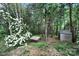 Scenic backyard with a hot tub, storage shed, and privacy provided by lush greenery at 656 Hosta Dr, Fort Mill, SC 29715