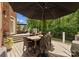 Elevated deck with dining table and chairs featuring shade umbrellas, outdoor living, and mature trees at 7005 Camrose Crossing Ln, Matthews, NC 28104