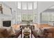 A grand living room boasts soaring ceilings, fireplace, and tons of natural light from plentiful windows at 7005 Camrose Crossing Ln, Matthews, NC 28104