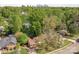Beautiful aerial view of the home surrounded by mature trees and lush greenery with city skyline at 1114 Hartford Ave, Charlotte, NC 28209