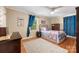 Cozy bedroom featuring hardwood floors, a wrought iron bed frame, and a large window with blue drapes at 1114 Hartford Ave, Charlotte, NC 28209
